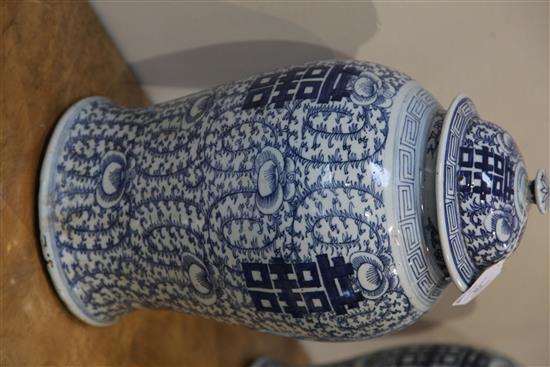 Two Chinese blue and white double joy baluster jars and covers, 19th century, 45cm & 45.5cm